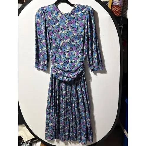 Vintage Floral Print Pleated Midi Dress Women's Long Sleeve Ruched Waist Purple Size 8