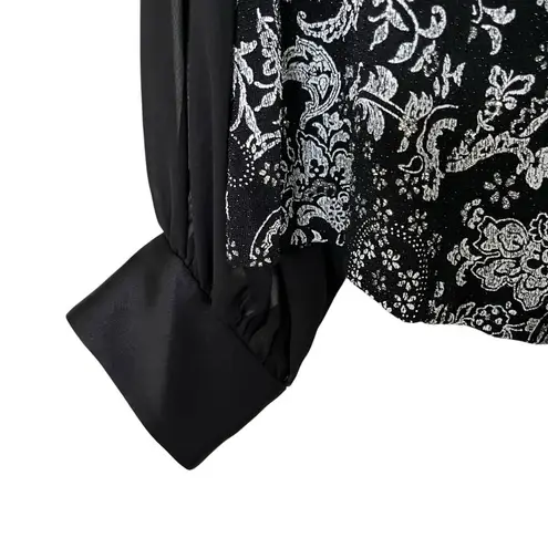 Alex Evenings Black Paisley Print Satin Shawl Collar Chiffon Long Sleeve Jacket