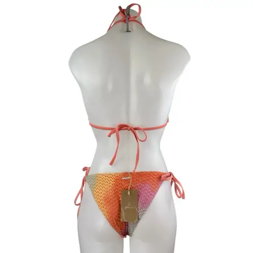 NEW Berlook Coral Halter Triangle Crochet Tie Two Piece Bikini Set Swimwear Sz S Orange - Image 2