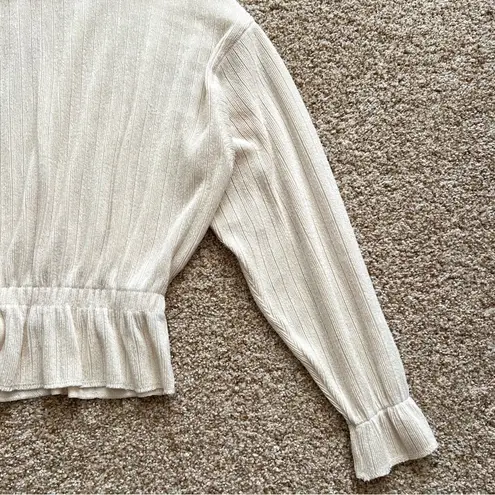 ZARA  Ribbed Ruffle Sweater Top Cinch Waist Long Sleeve Cream Size Medium