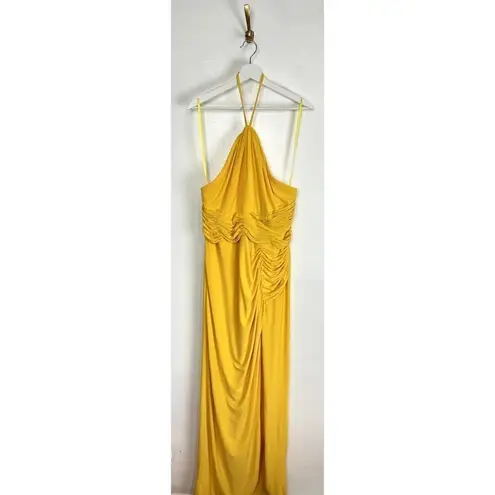 Mac Duggal Halter Neck Rouched Side Front Slit Gown in Marigold Size Large