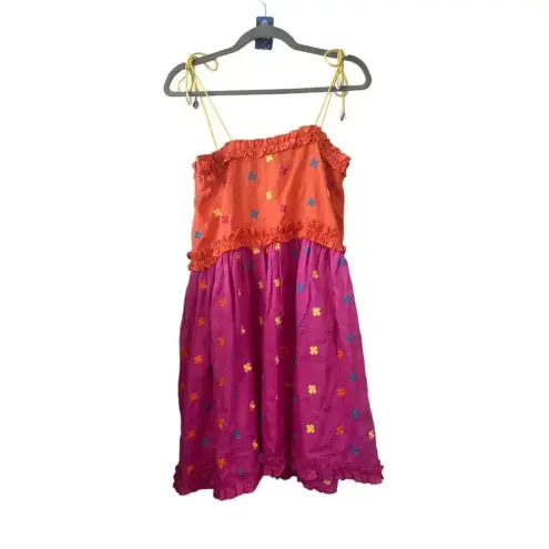 NWT All Things Mochi Nia Tiered Embroidered Linen Ruffle Dress Pink Size XS