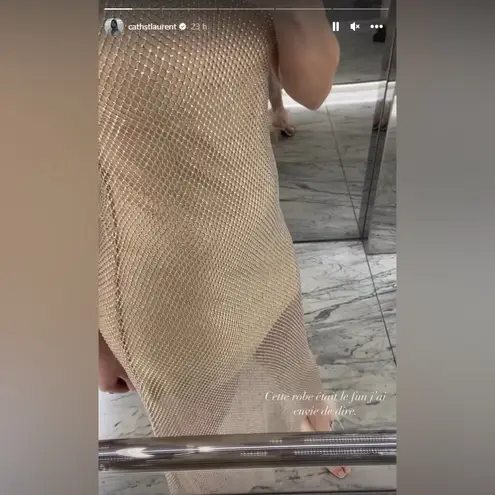 Gianni Bini  mesh beaded midi dress bodycon beige champagne adele metallic gold