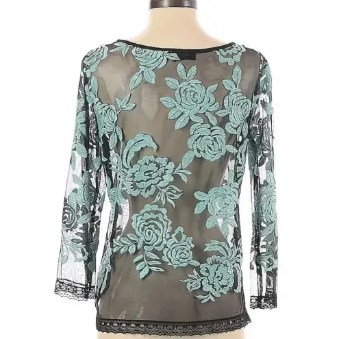 Karen Kane Tiffany Blue Embroider Rose Floral Sheer Whimsical Blouse Size XS