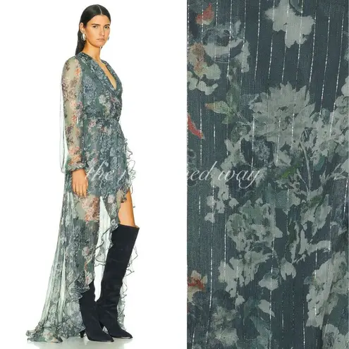 Caroline Constas Silk Vivan Floral Ruffled Georgette Maxi Gown Dress Slate Ombre Green Size XS