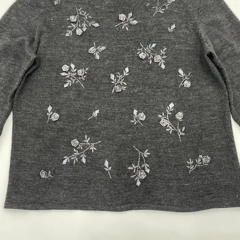 Nina Leonard Vintage 90s Sweater Ribbon Embroidery Roses Floral Gray Acrylic Wool Women Large