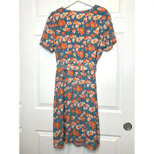Downeast Floral V Neck Short Sleeve Midi Dress Belted Size XL