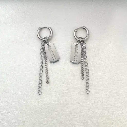Razor Blade Shape Dangle Drop Earrings for Men Women Punk Hip Hop Unisex Style Silver