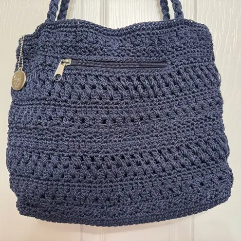 Lina Boho Navy Blue Crochet Woven Lined Shoulder Bag Purse Multiple Compartments