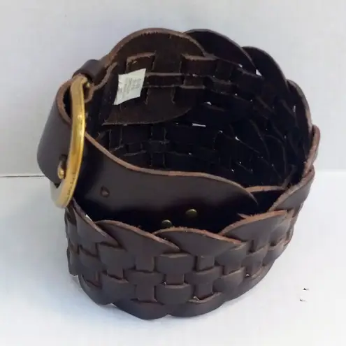 Gap Woven Braided Cow Leather Belt-Small-Wide-Brass Buckle-Dark Brown-Boho
