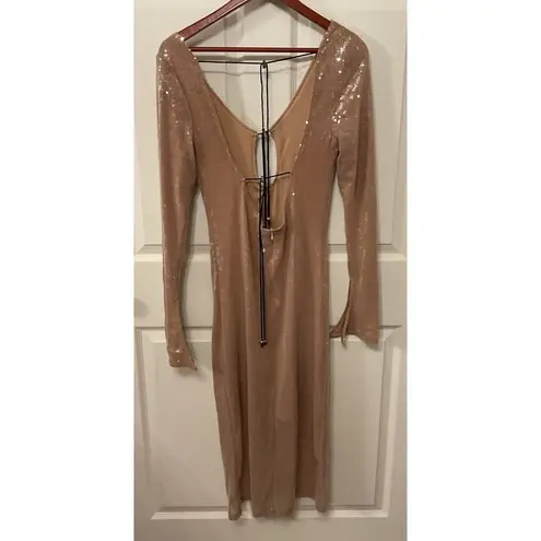 NWOT Meilun Deep V Dress Drawstring Long Sleeve Sequin Dress Long Gown, sz M Gold Size M