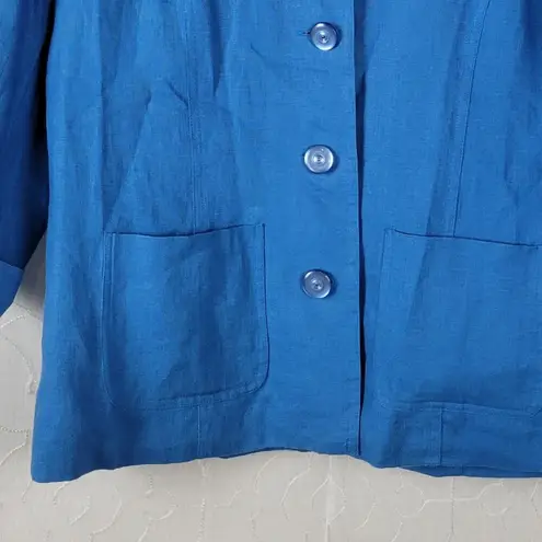 JM Collection Womens Linen Jacket 4 Petite Blue Button Front Pockets 3/4 Sleeve
