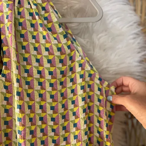 Tanya Taylor Women’s High Neck Tie Keyhole Geometric Pattern Silk Sleeveless Top