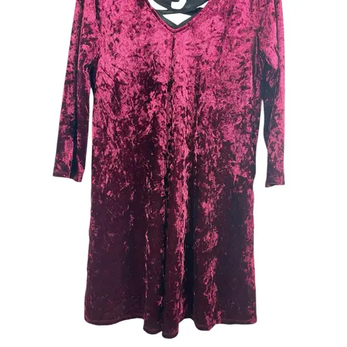 A Byer 90s Y2K Burgundy Crushed Velvet Black Tie Up Back V-neck Dress L Holiday