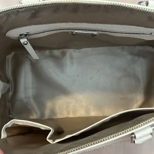 Pulcati white leather double zip double handle bowling bag style handbag GUC