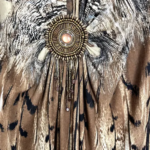 Vintage Y2K Dressbarn Dress Womens 18 Brown Peacock Print Babydoll Beaded Boho