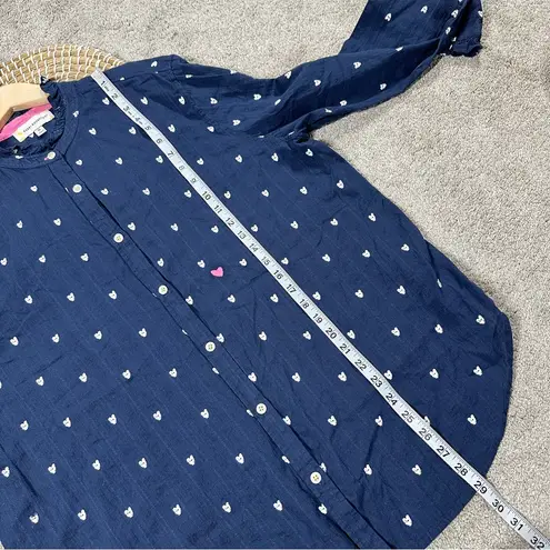 Kerri Rosenthal Women’s Mia Ruffle Button Down Shirt Tiny Heart Print in Navy XL Blue