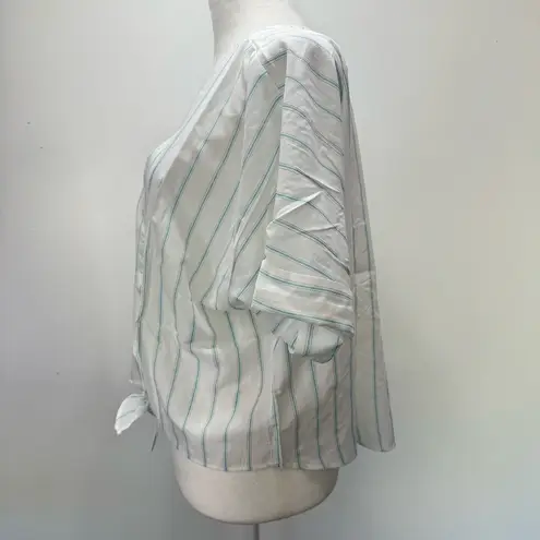 Hem & Thread NEW  Summer Days Crop Top White & Teal Striped Knot Front Crop Top L