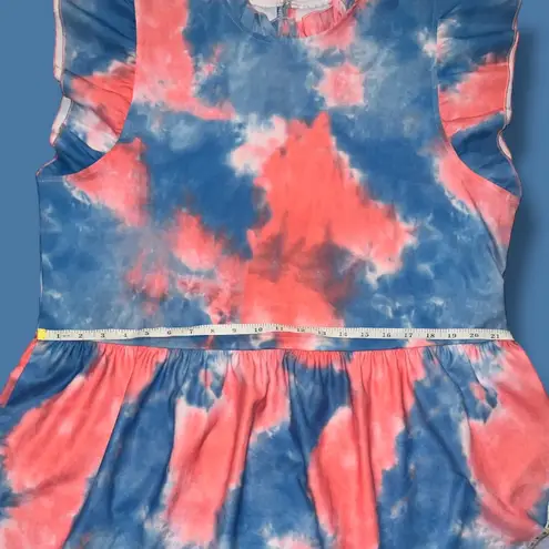 Pink & Blue Tie Dye Ruffle Mock Neck Cap Sleeve Babydoll Top, Size XL, Unbranded