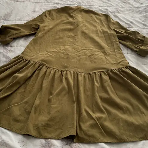 ZARA  Woman Khaki Olive Green drop waist high neck roll tab sleeves mini Dress XS