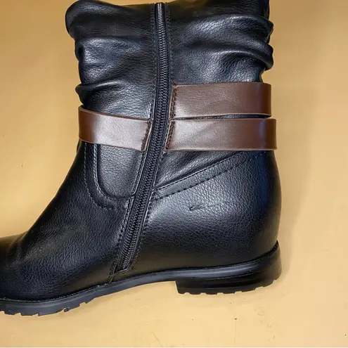 Camidy Black Brown Ruched Leather Below the Knee Riding Boots Size 6