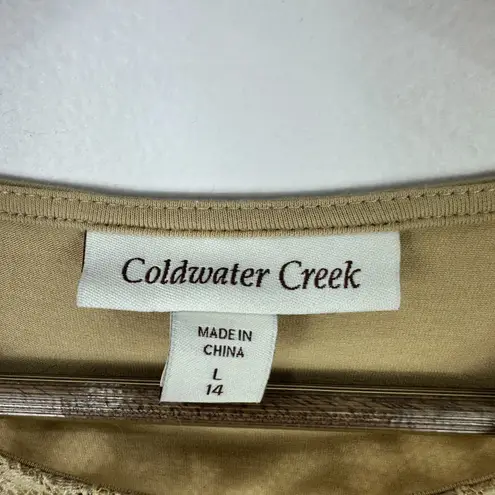 Coldwater Creek Top L Tan Lace Overlay Short Sleeve Stretch Blouse Boho Neutral