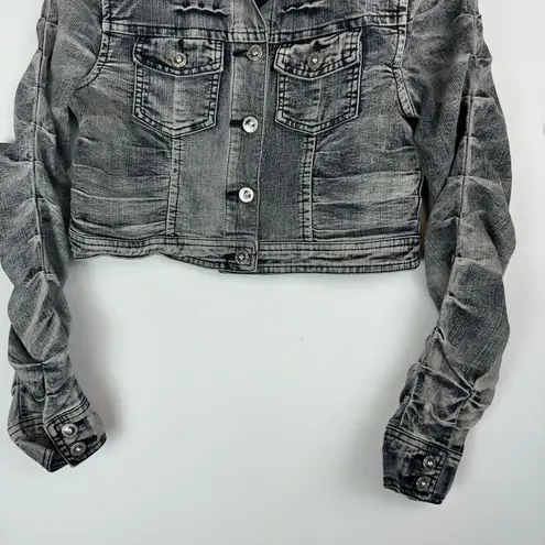 Y2K Cropped Moto Jacket Ruched Sleeves Distressed Sz Small Grunge Black