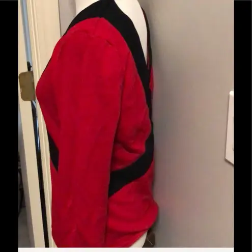 Bebe  gorgeous Red Black V-Neck Sweater Rhinestones Spellout Open Back Y2K