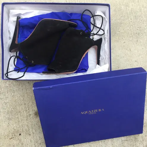 Aquazzura Mayfair open-toe black Suede lace-up bootie sandal size 36.5 US 6.5