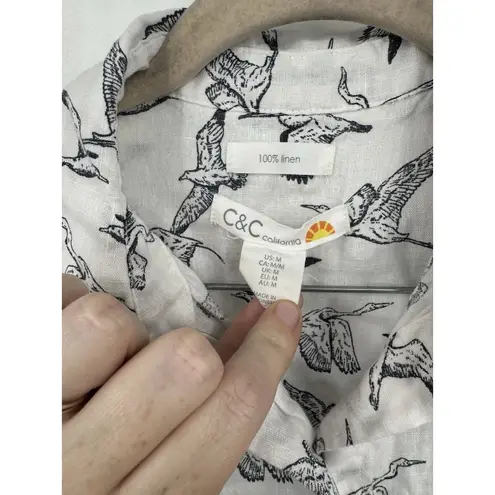 C&C California 100% Linen Nautical Bird Novelty Print Button Shirt Women M White