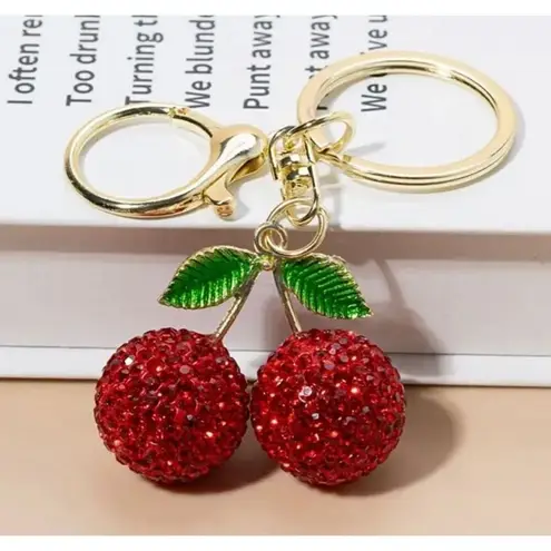 Red Cherry Rhinestone Keychain Sparkle Pendant Bag Charm Cute Accessory Red