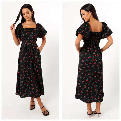 Petal & Pup Chlo Cherry Print Puff Sleeve Midi Dress Size Large Smocked Retro Black