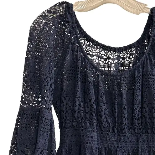 Boston Proper Women's Blue Crochet Lace Flare Sleeve Short Dress Size L