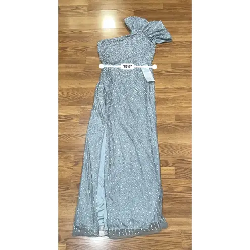 Mac Duggal 5622 Silver Sequin One-Shoulder Gown Evening Formal Dress Size 12