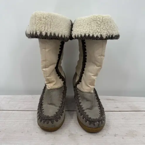 Vintage Y2K 90s American Eagle Wedge Heel Faux Suede Boots Crochet Midcalf Boho Gray Size 6.5