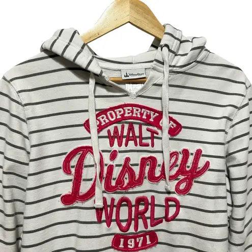 Disney Parks Women Hoodie L Gray Stripe Walt Disney World Applique Resort Cozy White Size L
