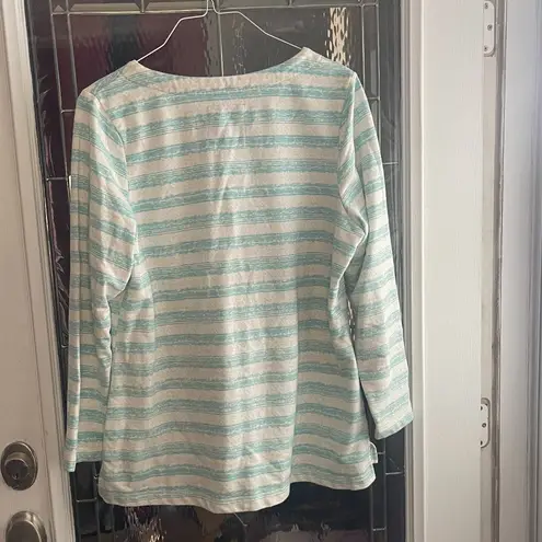 Sonoma  Women's Long Sleeve Striped Shirt XL WHITE Green Kangaroo Pockets