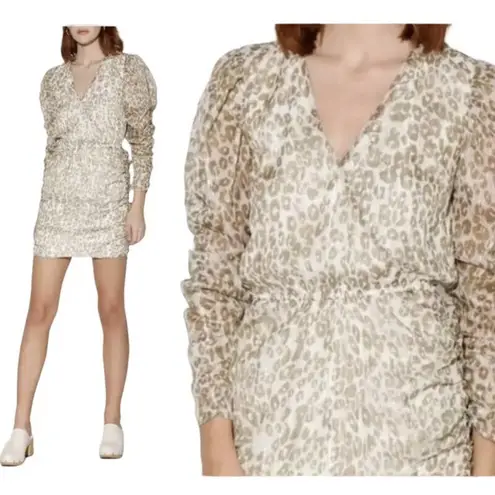 Walter Baker Deena Dress Surplice Faux Wrap Cream Tan Leopard Print NEW Womens L