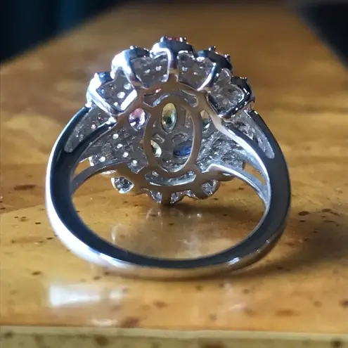 Natural Multicolor Sapphire Sterling Silver Cocktail Ring Size 6 Red