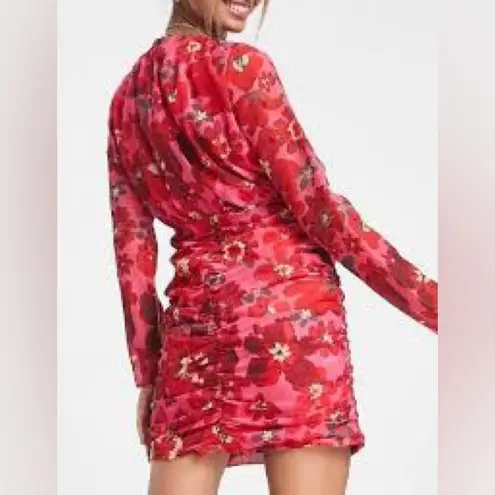 Hope & Ivy Ruched Mini Dress Size 10 Pink Chiffon Floral Peek a Boo Tummy NWT