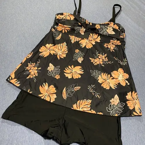 Floral Print Tankini Swimsuit Set With Boyshorts For Women Black & Orange Size L