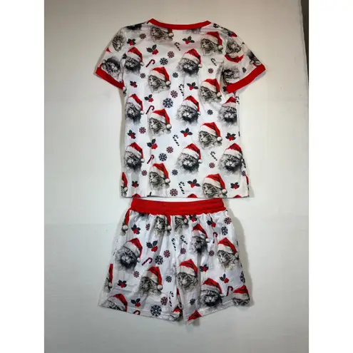 Womens Christmas Pajama Set Cat Santa Holiday Sleepwear Lounge Red White