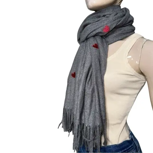Jayley Women’s Size 27 x 78 Dark Grey Red Heart Embroidered Fringe Wrap Scarf Gray