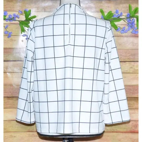 MELLODAY White 3/4 Sleeve High Neckline Blouse M Grid Window Pane Pattern Career