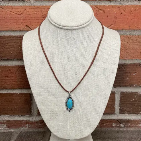 Saguaro Cactus & Turquoise Pendant Necklace Set with Faux Leather Brown