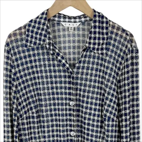 CAbi  #736 Sheer Mesh Navy and White Plaid Button Down Shirt Size Medium