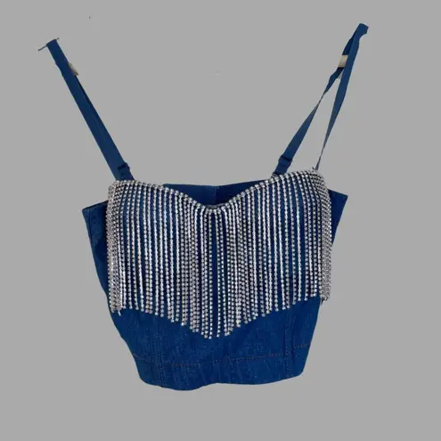 NWT Cropped Denim Top w/ Rhinestone Fringe Embellishments SZ XS Blue