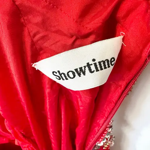 VTG Showtime Size 14 Dress Red Beaded 80s Formal Gown Evening Open Back Slit E