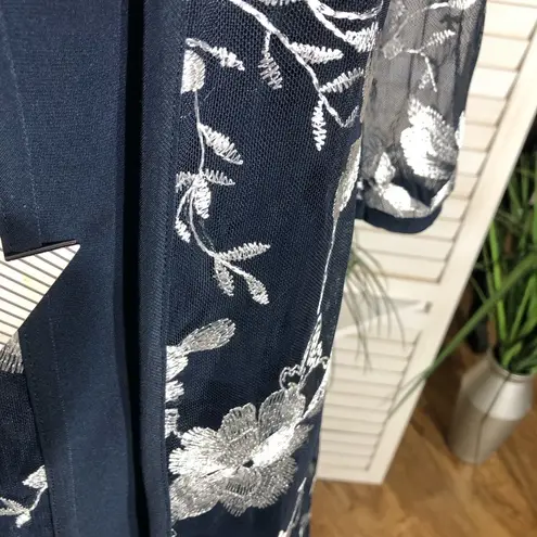 Connected Apparel Dress Floral Embroidered Mesh Jacket Split Front Navy/White 12