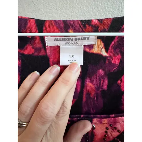 Allison Daley Woman 3X Black Pink Floral Long Sleeve Embellished Top
